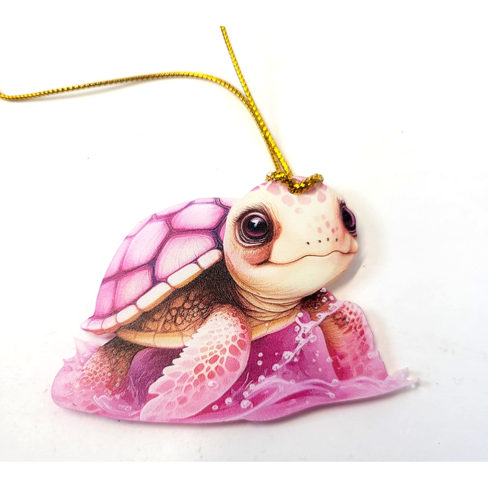 Pink Sea Turtle Hanging Ornament Cute Ocean Animal‎ Gold Cord Tree Decor Gift